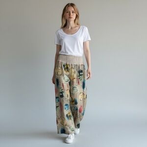Camille & Co Wide Leg Abstract Funky Linen Pants With Wide Waist Band Size L
